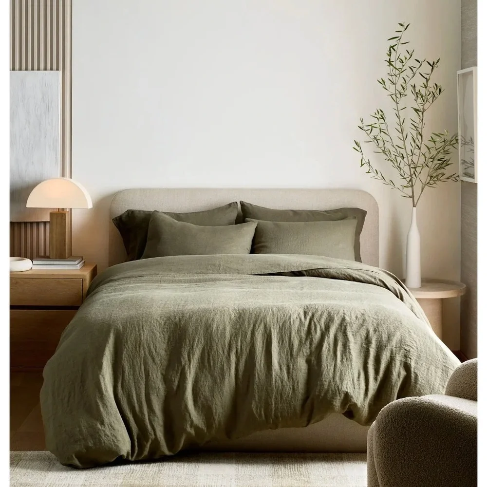 Quince European Linen Duvet Cover Set with Shams Full/Queen Dusty Olive Green